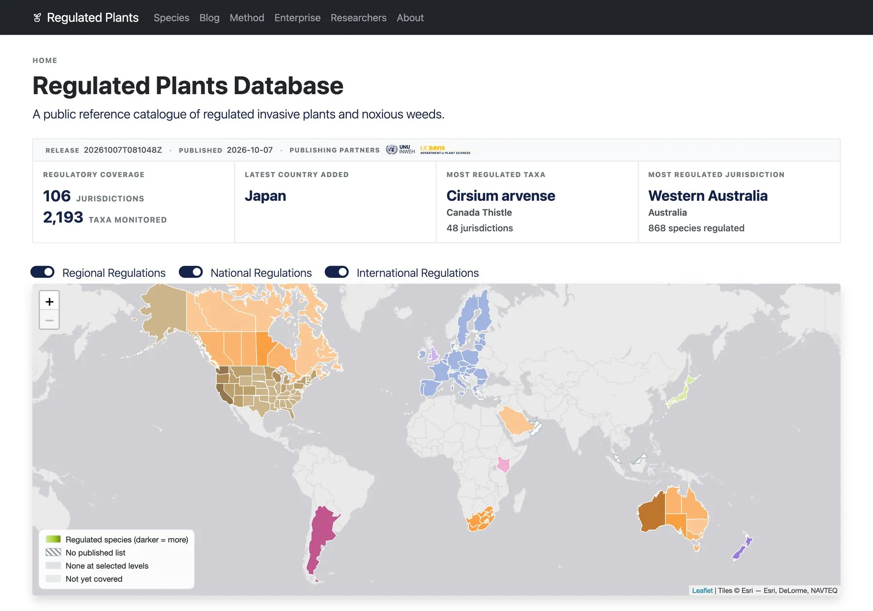 The Regulated Plants Database homepage: release details and the UNU-INWEH and UC Davis publishing partners, coverage of 106 jurisdictions and 2,193 taxa, and a world map shading regions by number of regulated species, with toggles for regional, national and international regulations.