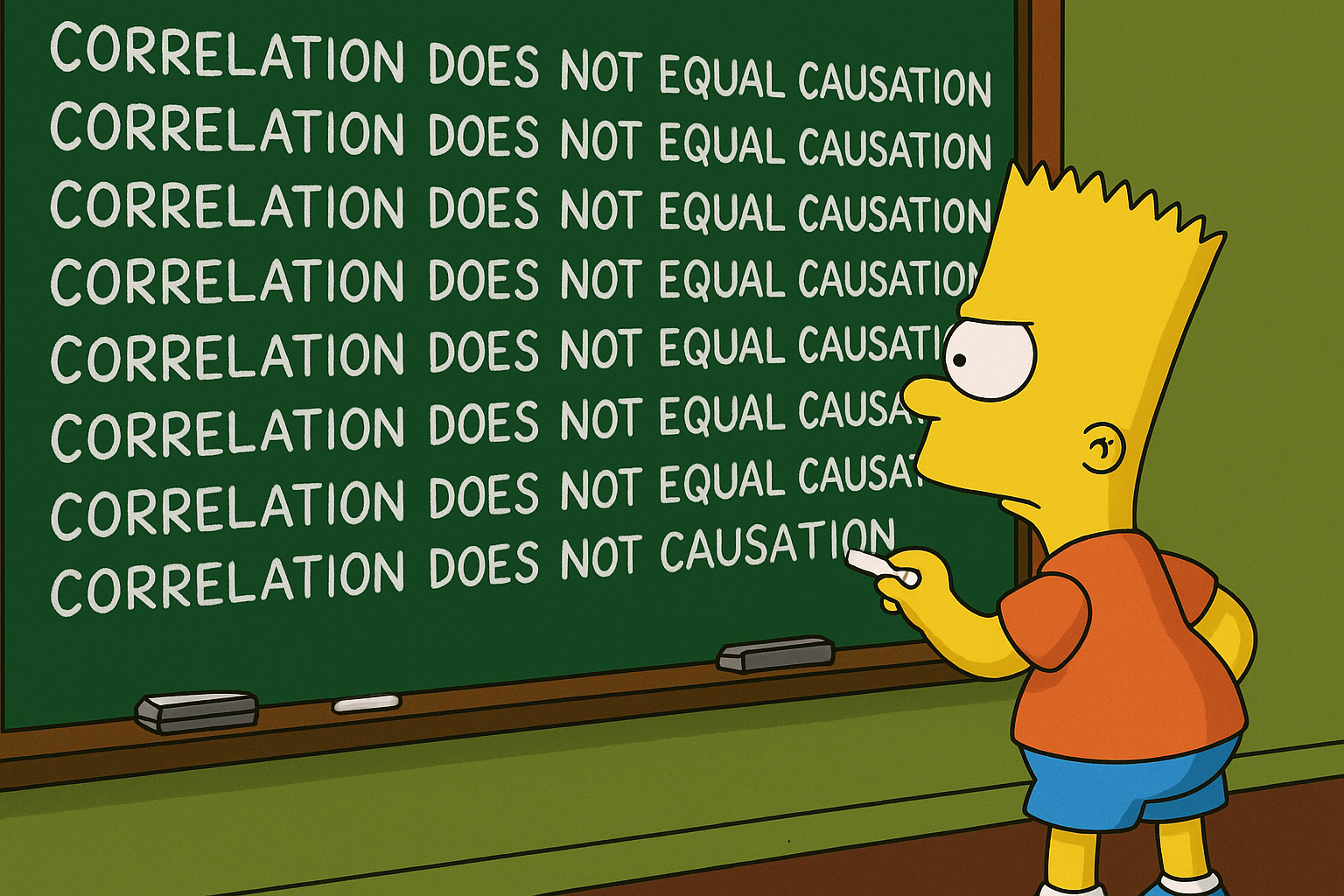Bart Simpson writing on the chalkboard. Correlation does not equal causation.